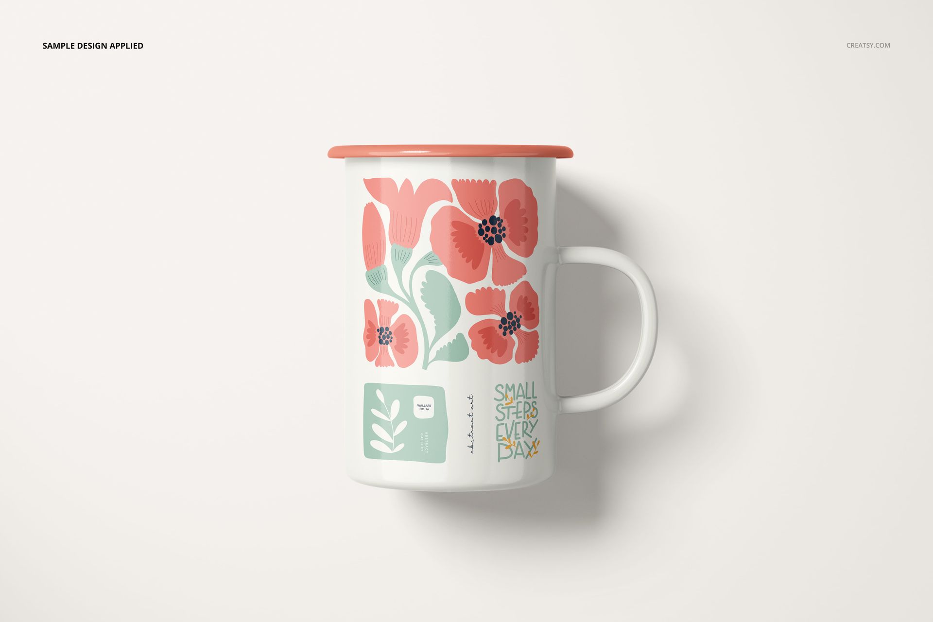 450ml enamel mug mockup featuring a floral pattern, coral lid, and motivational text, displayed against a light backdrop.