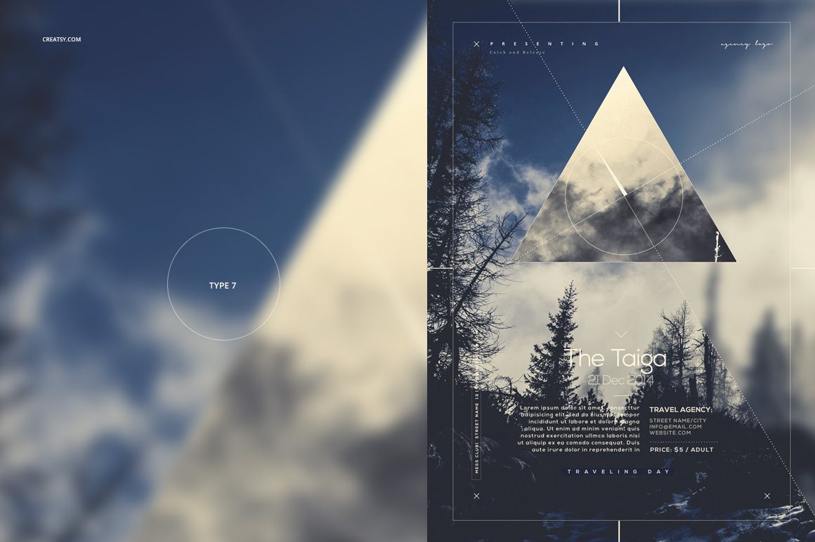 Nature poster PSD mockup showing a pair of vertical prints, including abstract sky and forest landscape elements.