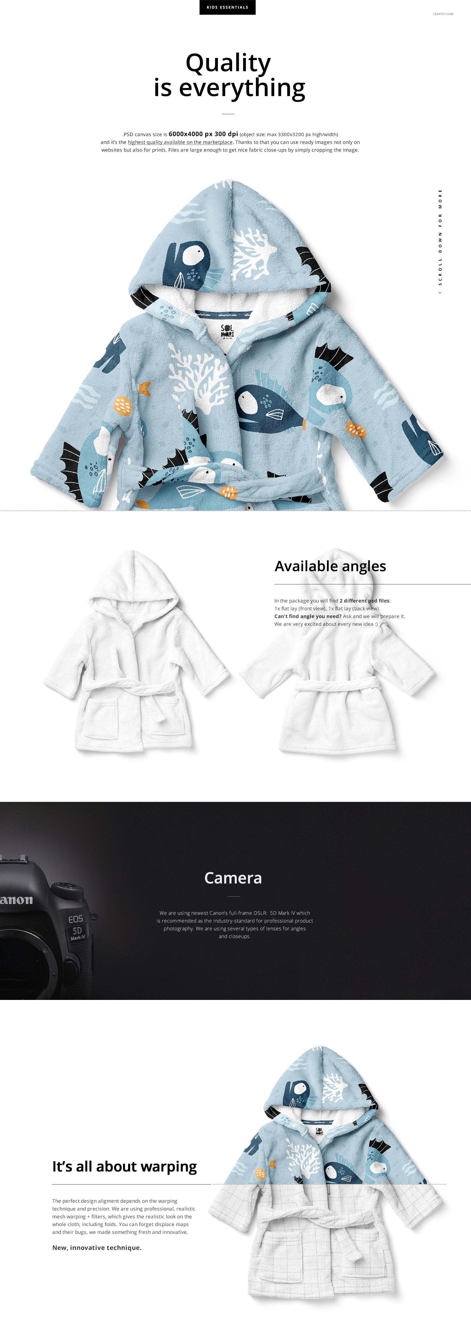 Mockup of a baby bath dressing gown displayed flat, showing a blue design with white and dark animal illustrations.