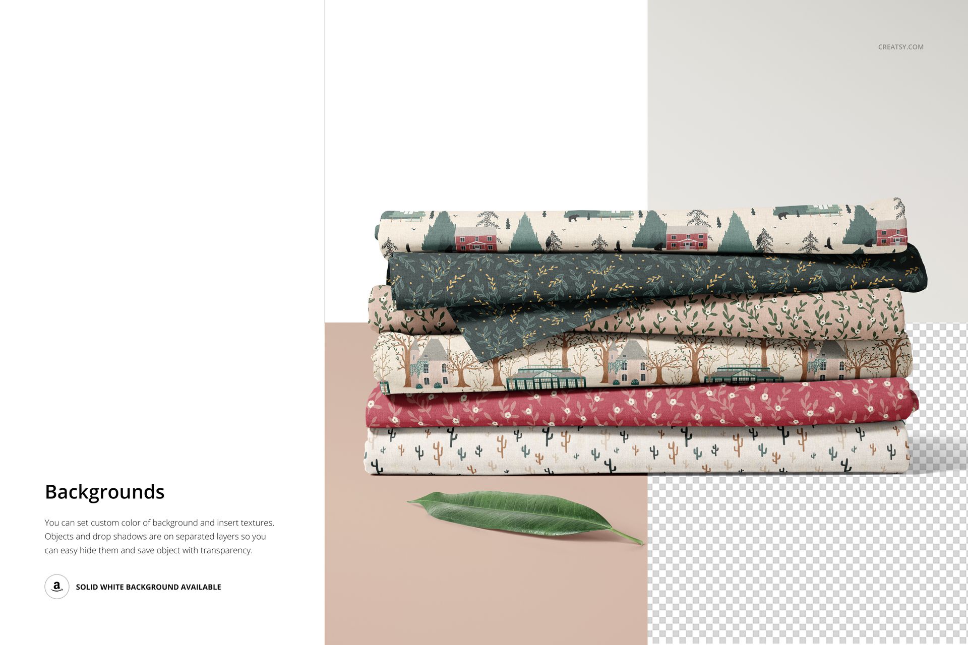 Fabric stack mockup featuring assorted patterns and shades, displayed on a light surface with a leaf prop.