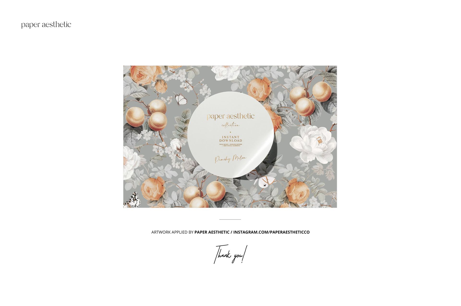 Floral patterned tablecloth mockup with peach and rose motifs in soft orange and gray tones, viewed from above.