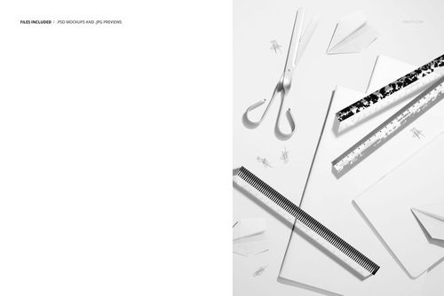 School-themed PSD mockup featuring notebooks, striped rulers, and scattered paper planes viewed from above.