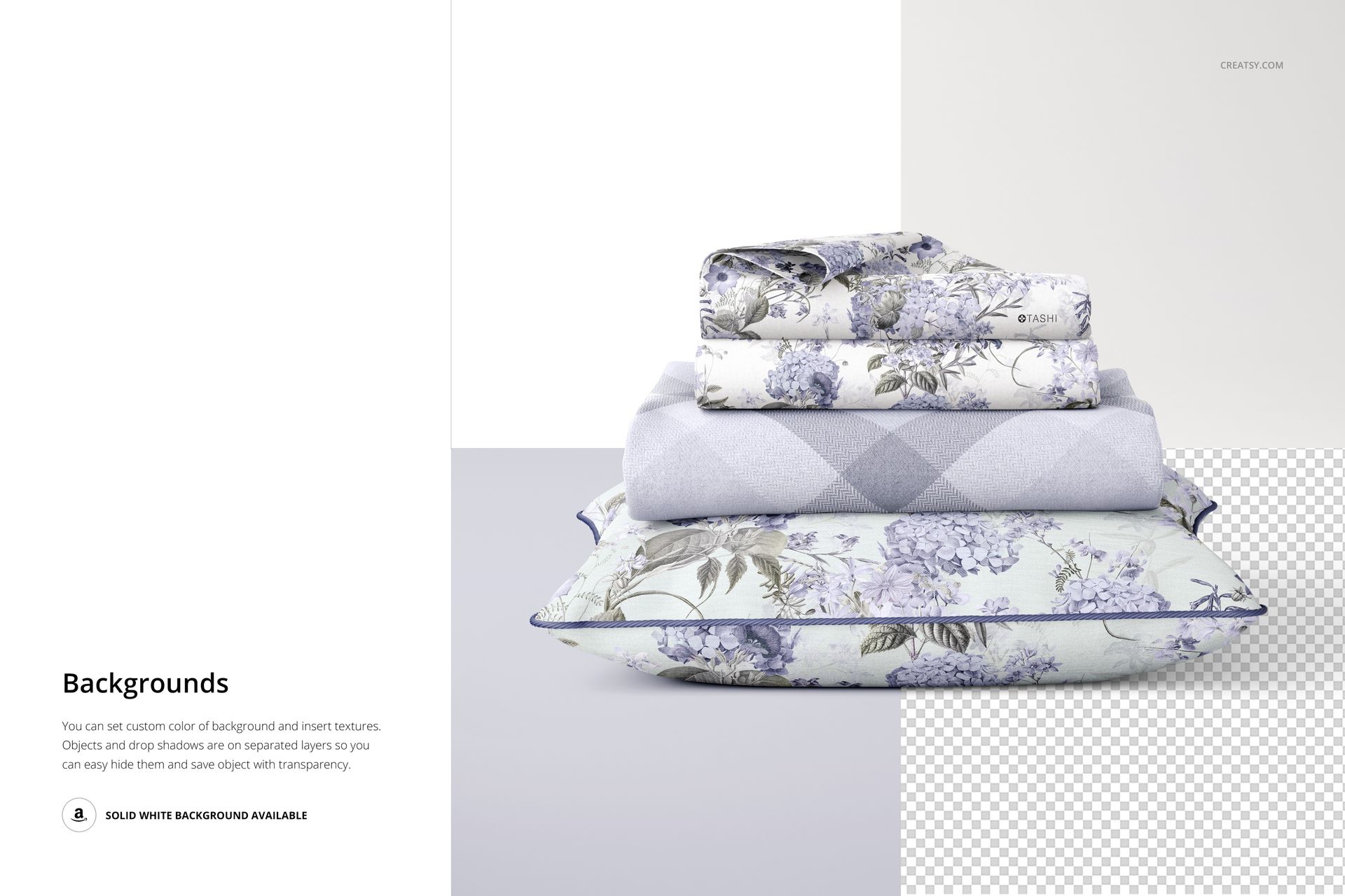 Stack of pillowcases and a blanket with floral and plaid patterns in soft blue and gray tones, front view mockup.