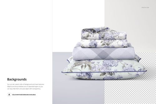 Stack of pillowcases and a blanket with floral and plaid patterns in soft blue and gray tones, front view mockup.