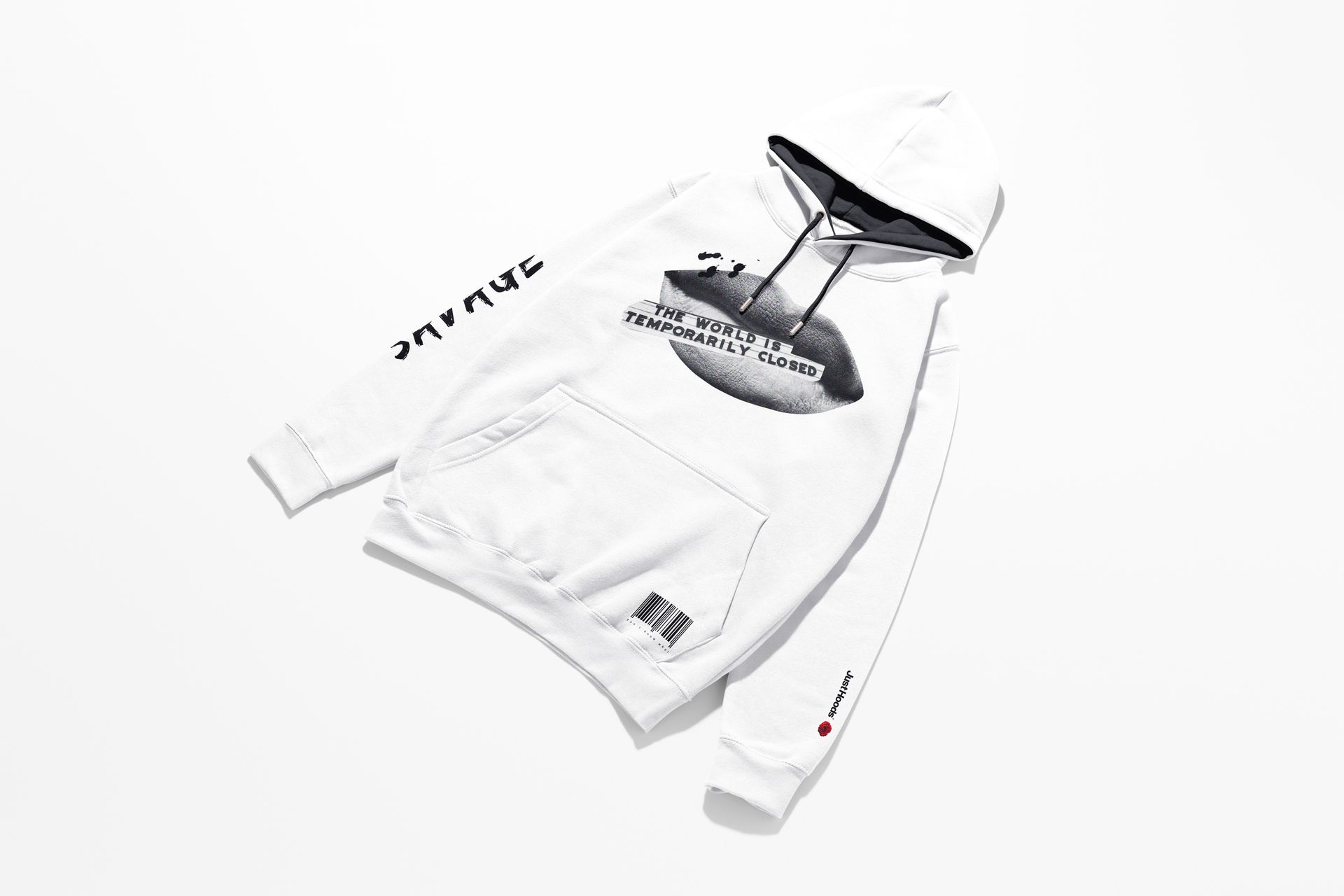 Front view of a white hoodie mockup with black printed design elements, including text and barcode graphics.