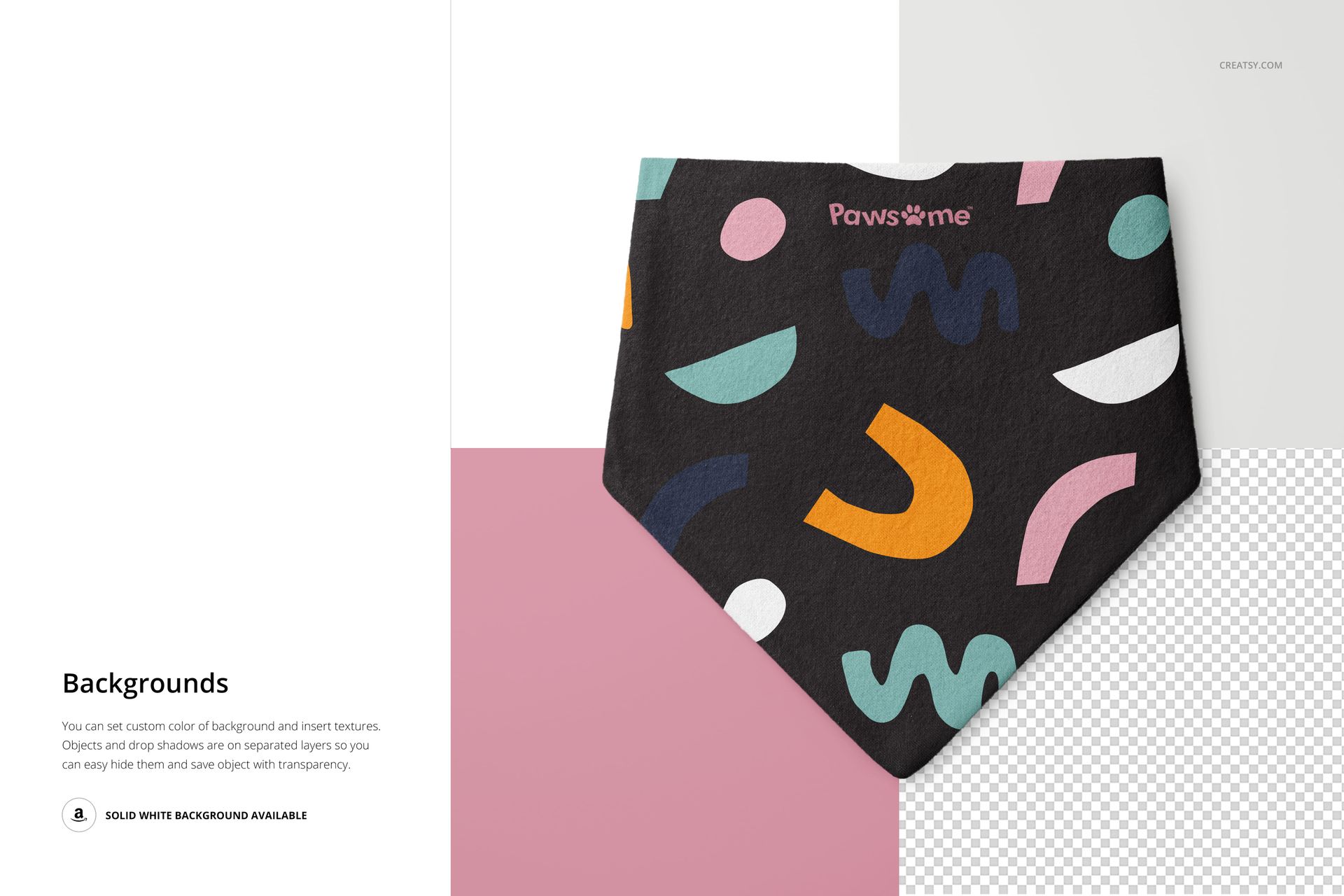 PSD mockup showing a triangular dog bandana with multicolored shapes on black fabric, arranged on layered backgrounds.