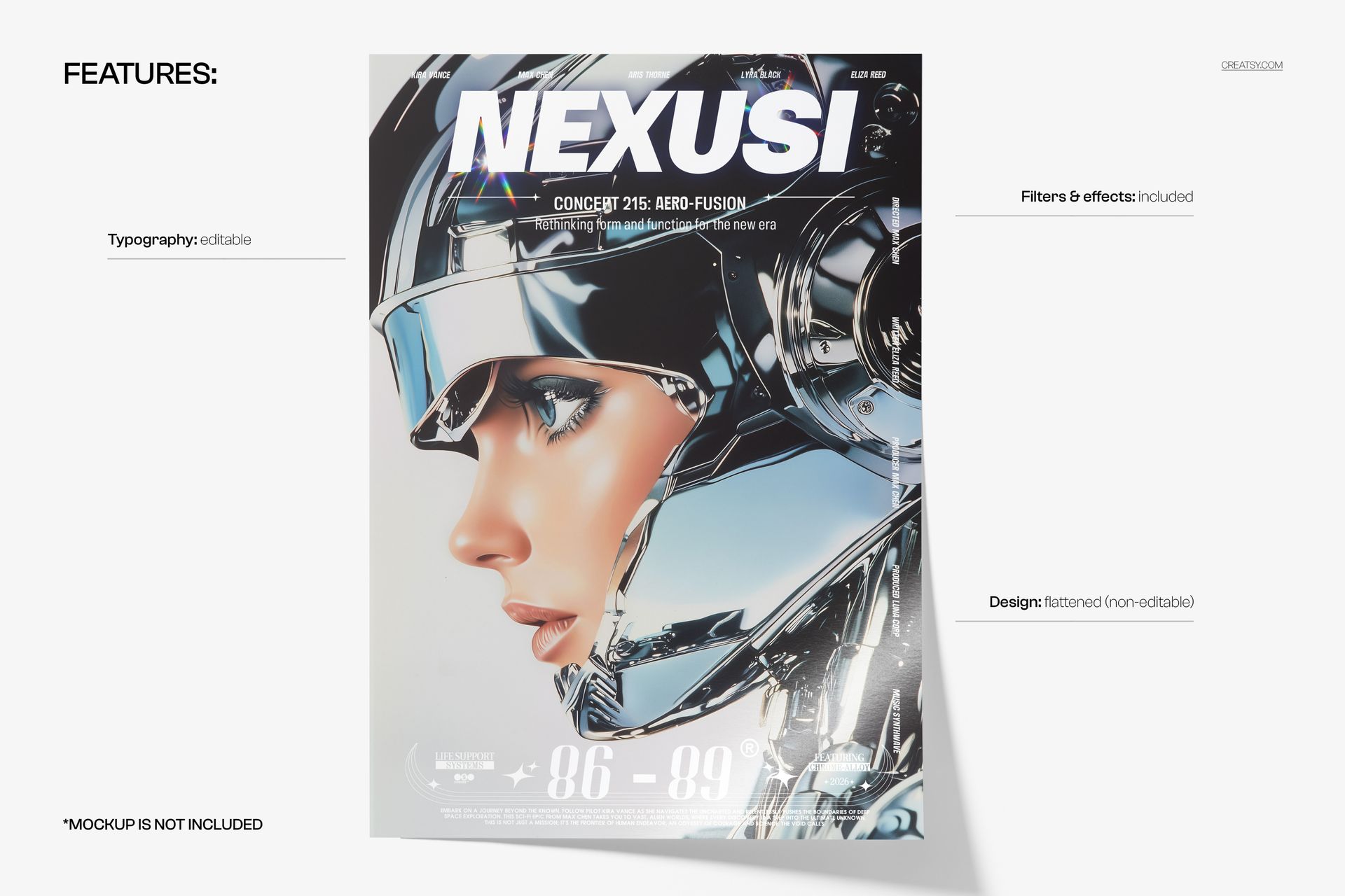 Front view of a metallic galactic poster mockup with futuristic chrome elements and editable text features.