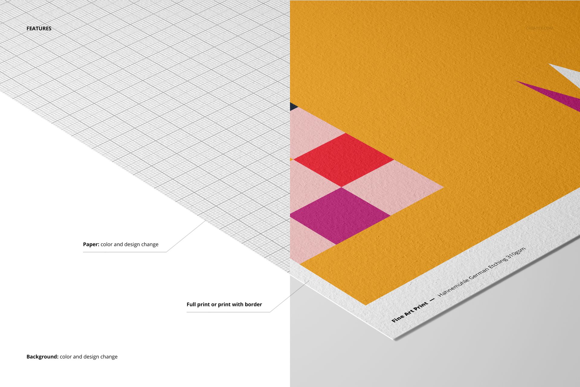 A3 fine art print mockup showing a split view: left side with grid overlay, right side with colorful geometric design on textured paper.