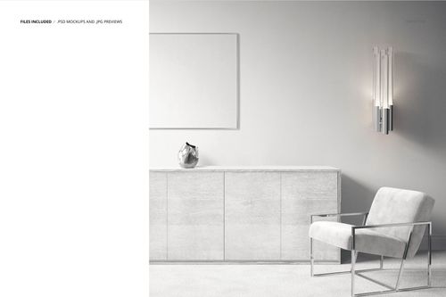 Modern luxury armchair and sleek sideboard mockup in a light-colored interior with wall decor and soft lighting.