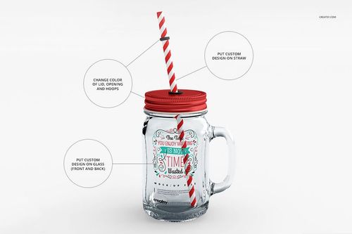 Front view of a transparent mason jar mockup with a red screw-on lid and red-and-white striped straw.
