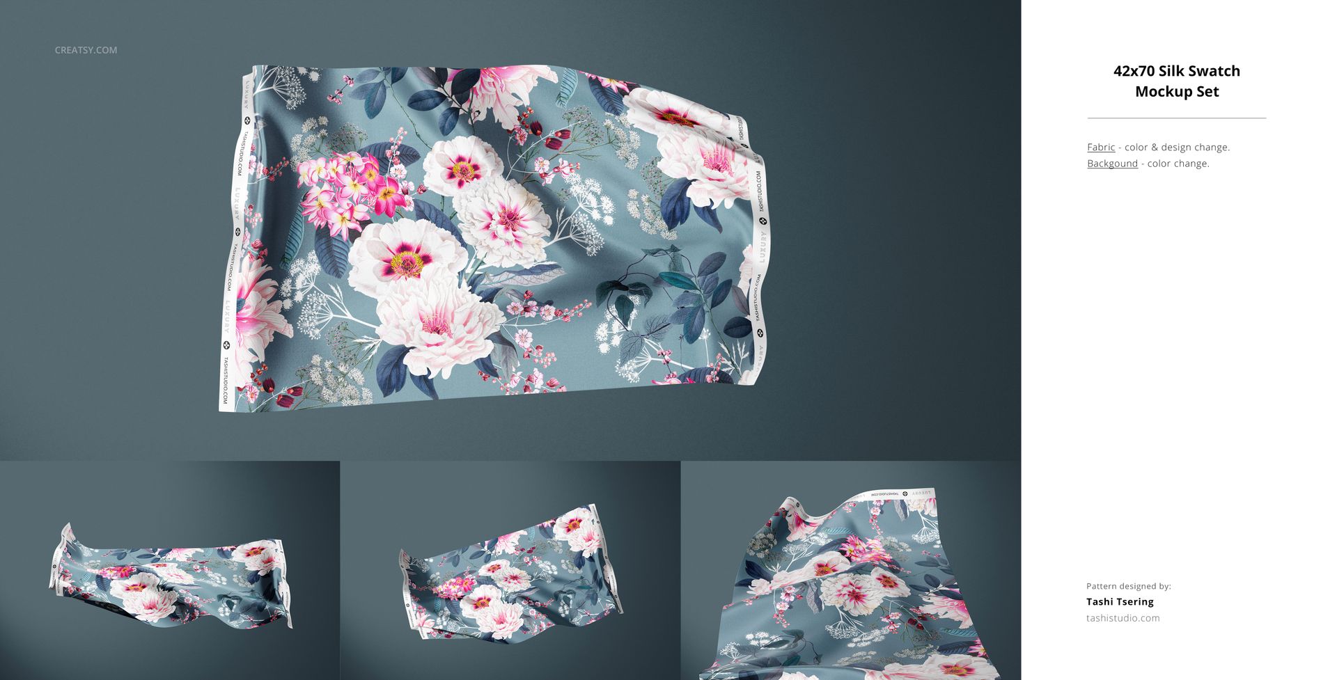 Floral fabric swatch with pink and white flowers on a blue background, displayed from multiple angles in a mockup set.