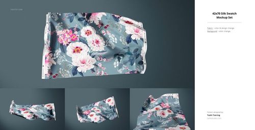 Floral fabric swatch with pink and white flowers on a blue background, displayed from multiple angles in a mockup set.