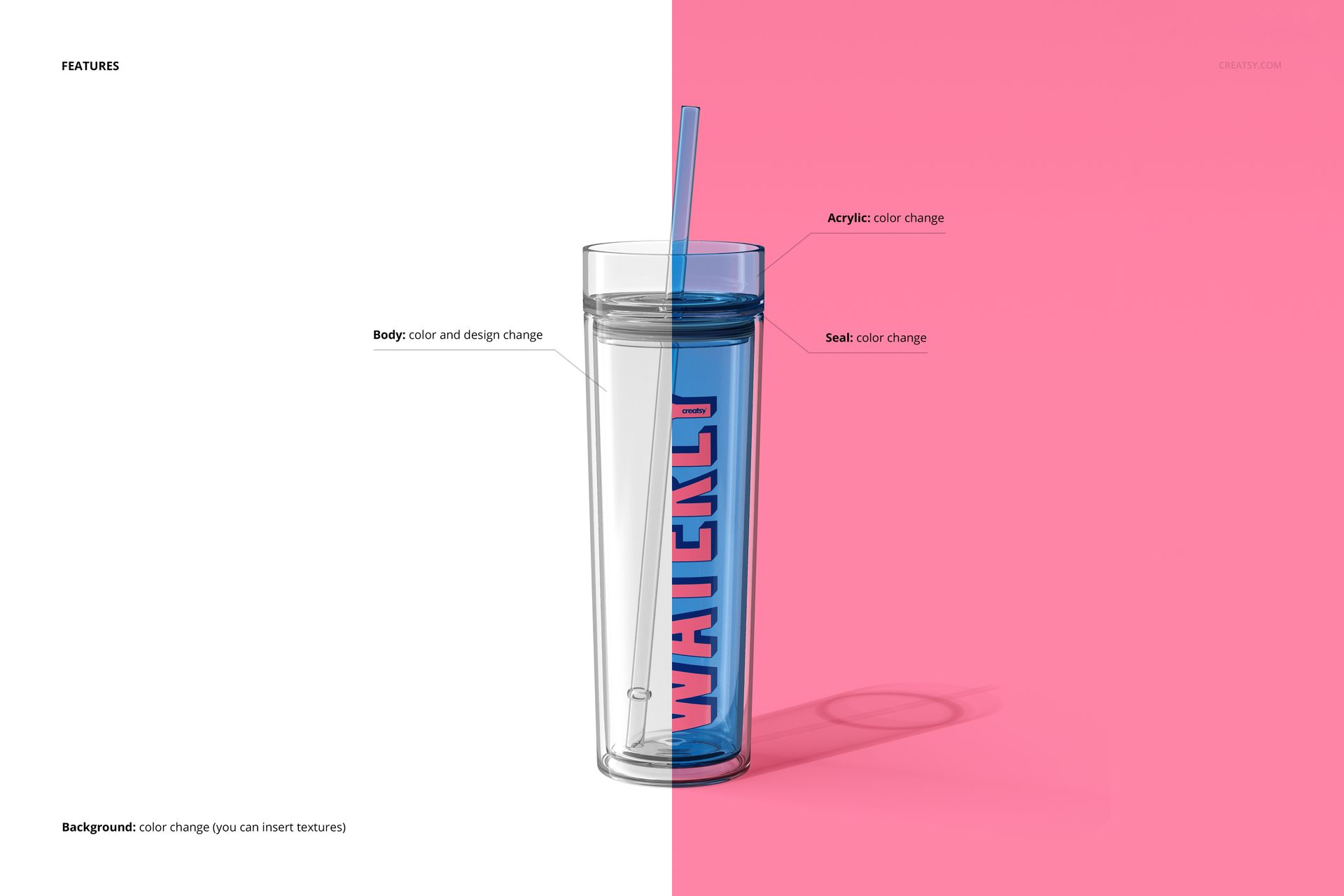 Double-wall acrylic tumbler mockup shown with transparent and blue acrylic sections, split background in white and pink.