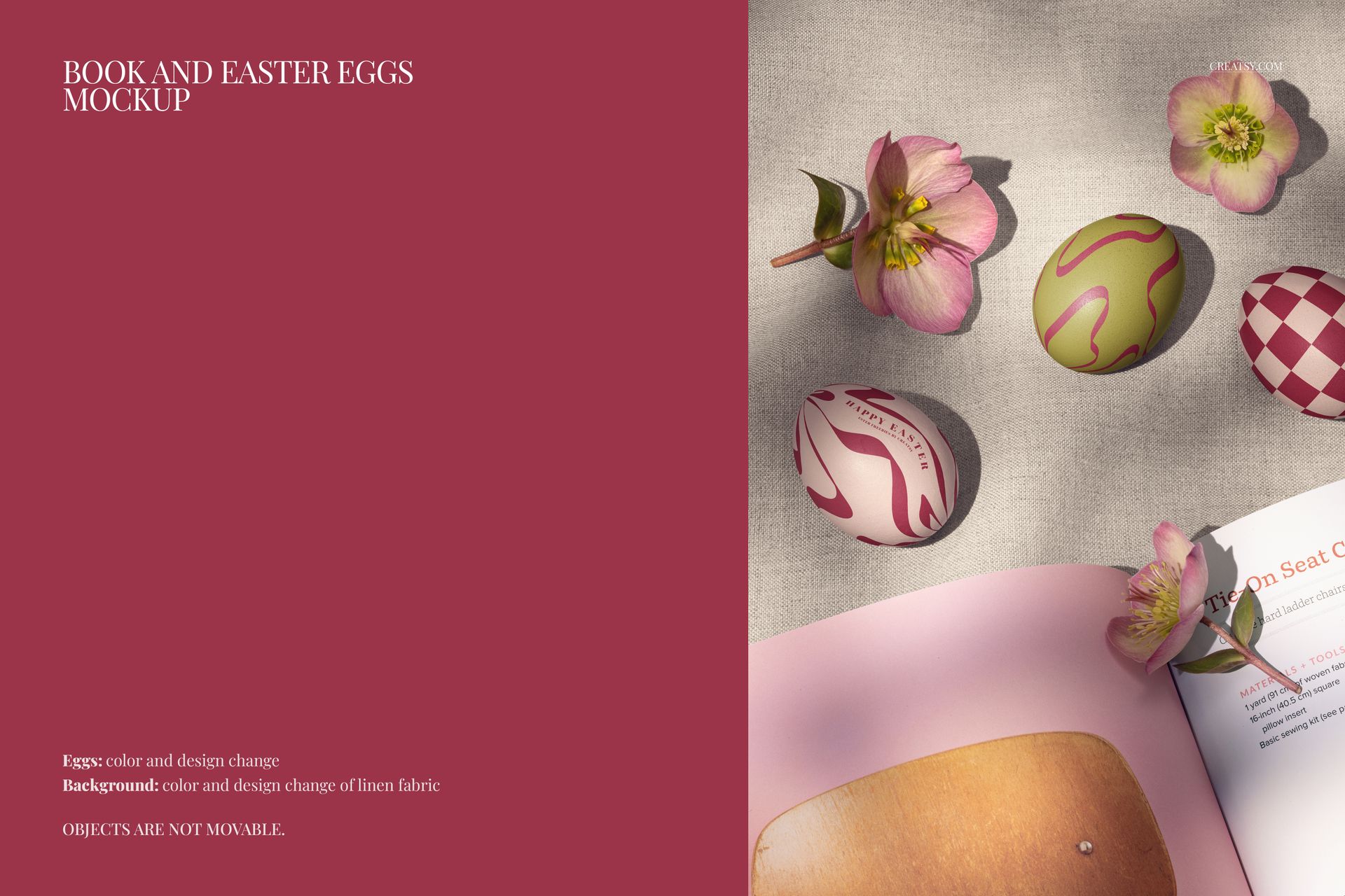 Top view of Easter eggs with decorative patterns and pink flowers on linen fabric next to an open book mockup.