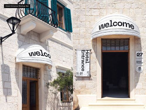 Outdoor advertising mockup showing a hotel entrance with a dome-shaped canopy and a tall promotional sign on the wall.