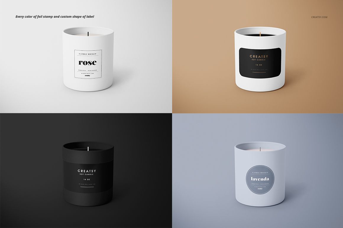 Matte glass candle mockup set showing four candles in white, black, and gray, each with a unique label design.