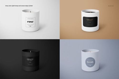 Matte glass candle mockup set showing four candles in white, black, and gray, each with a unique label design.