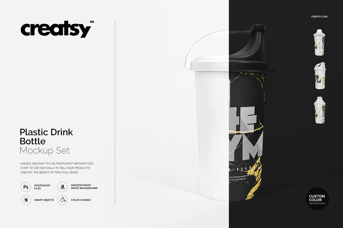 Front view of a plastic drink bottle mockup featuring a black lid and bold graphic pattern, displayed on a neutral background.