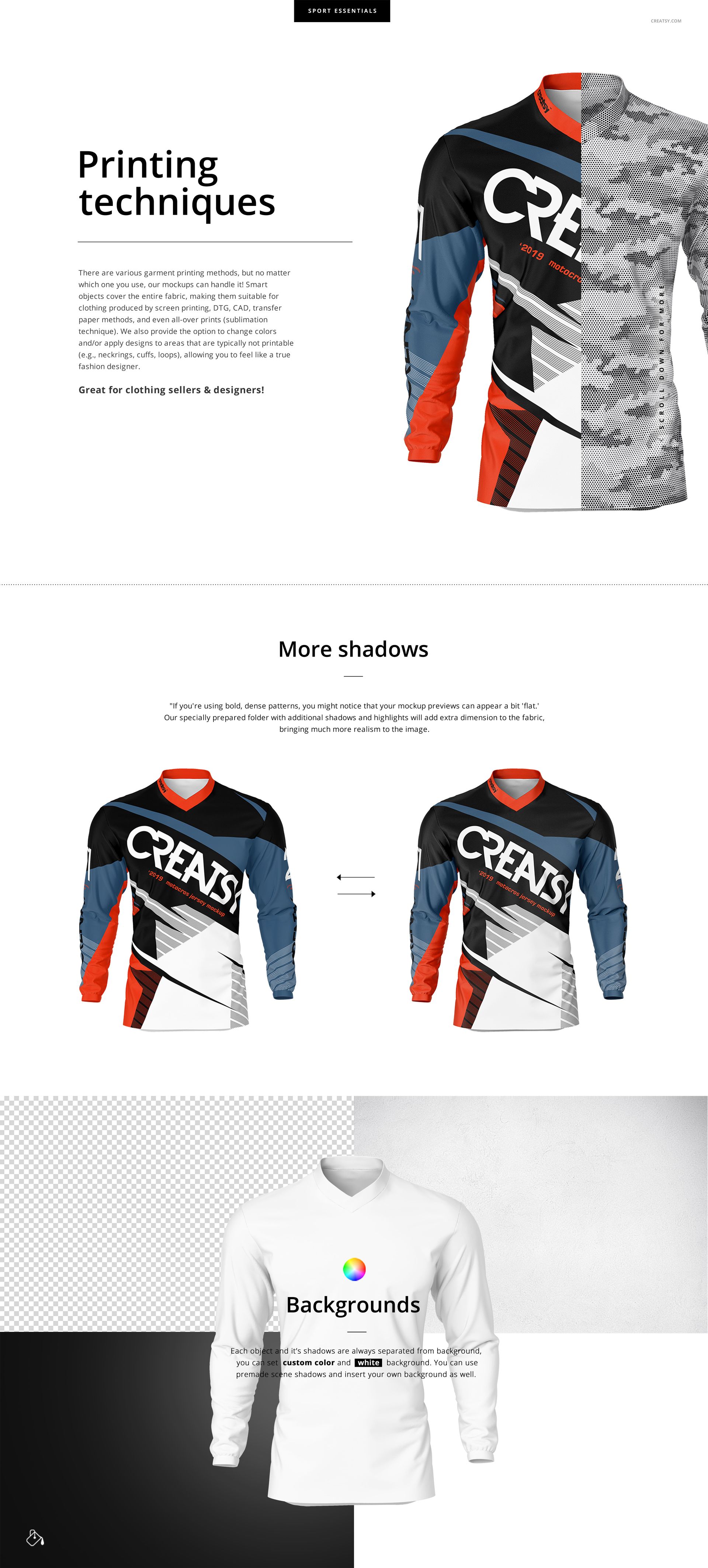 Motocross jersey mockup featuring a long-sleeve shirt with geometric and camo patterns, shown from the front.