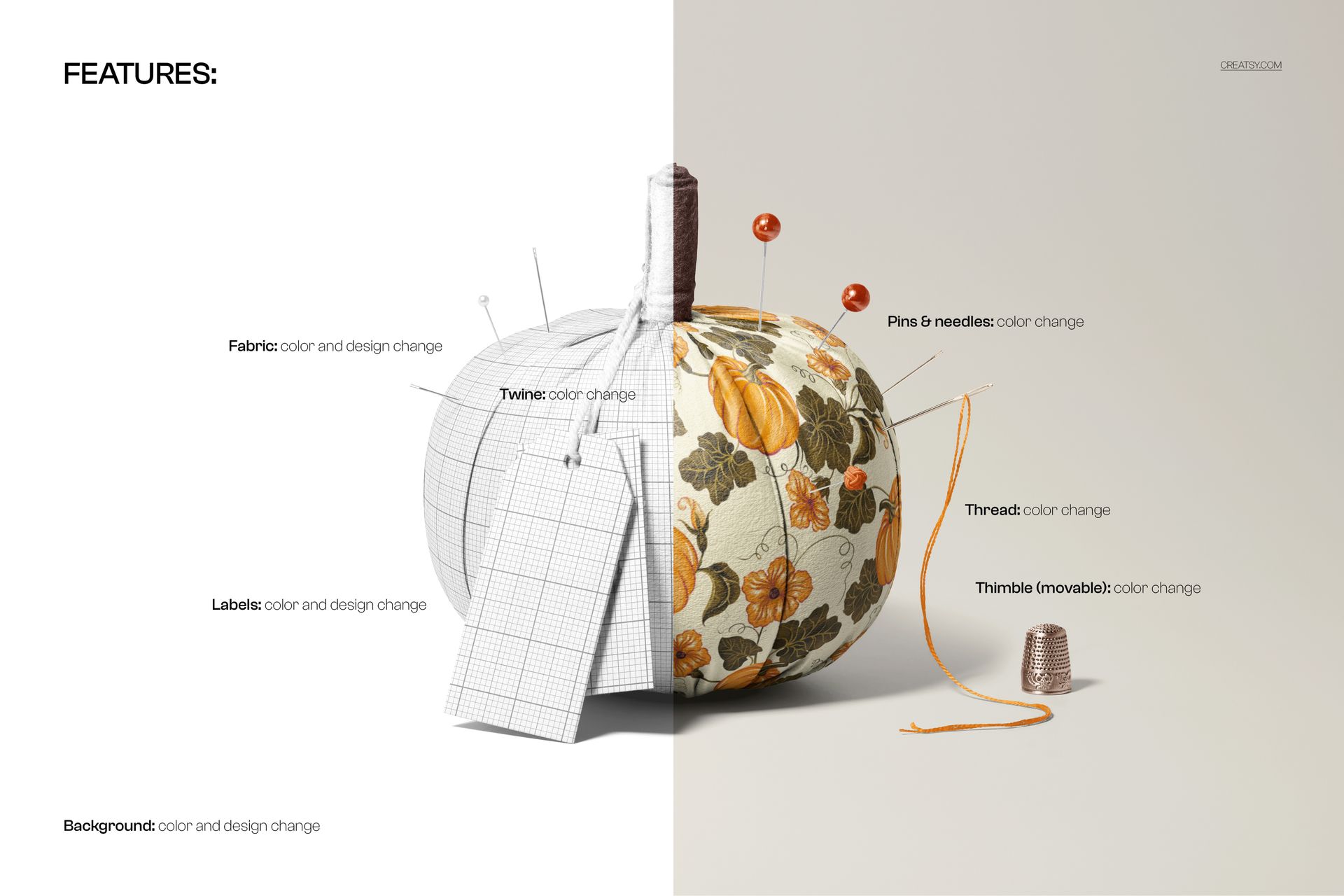 Front view of a fabric pumpkin mockup, half in grid pattern and half in autumn floral print, surrounded by sewing props.