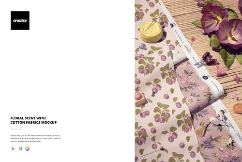 Cotton fabric mockup featuring floral patterns in pink and purple tones, shown from a top view with decorative props.