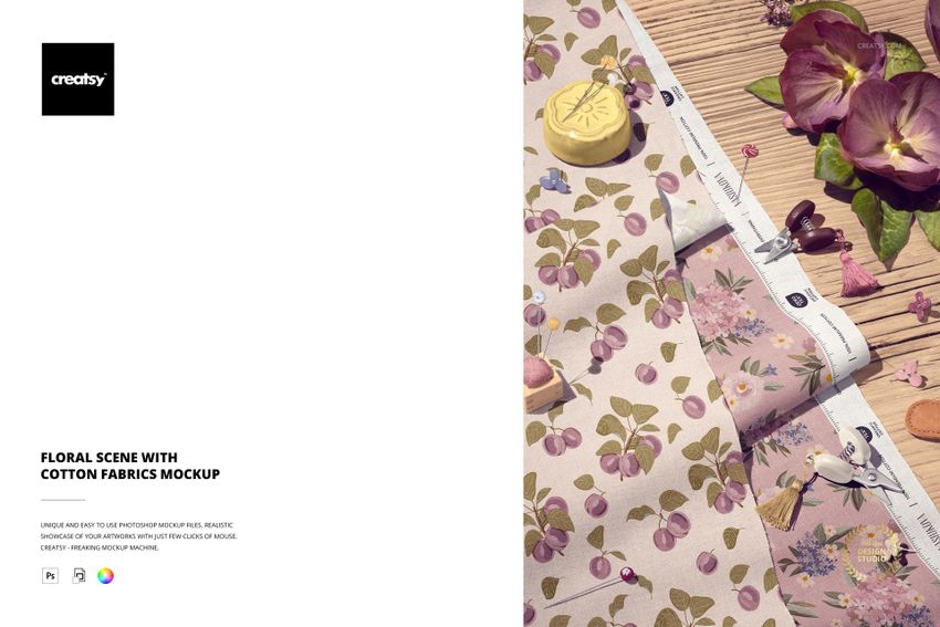Floral Scene with Cotton Fabrics Mockup - mockup screenshot 1