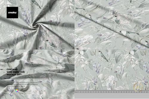 Curtains fabric mockup featuring a soft gray base with delicate floral and leaf patterns, shown in a top view layout.