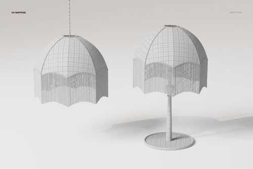 Front view of two art deco boudoir lamps 3D models with dome-shaped shades and fringe details on a light background.