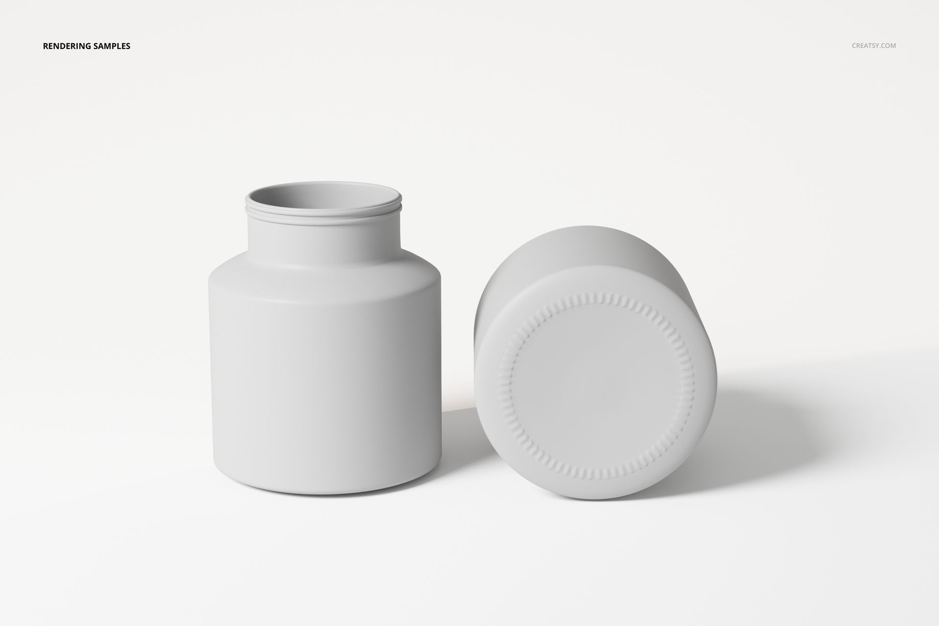 Two minimalist jar vases in matte white, one standing upright and the other lying on its side, shown on a plain background.
