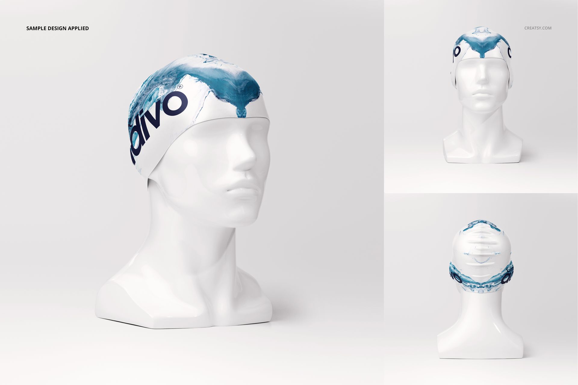 Swim cap mockup displayed on a white mannequin head, featuring blue and white abstract patterns, front and side views.