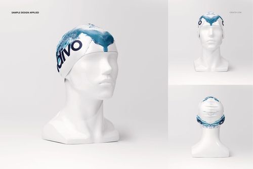 Swim cap mockup displayed on a white mannequin head, featuring blue and white abstract patterns, front and side views.