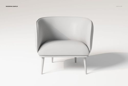 Front view of a Scandinavian style armchair with smooth, light gray upholstery and angled wooden legs on a white background.