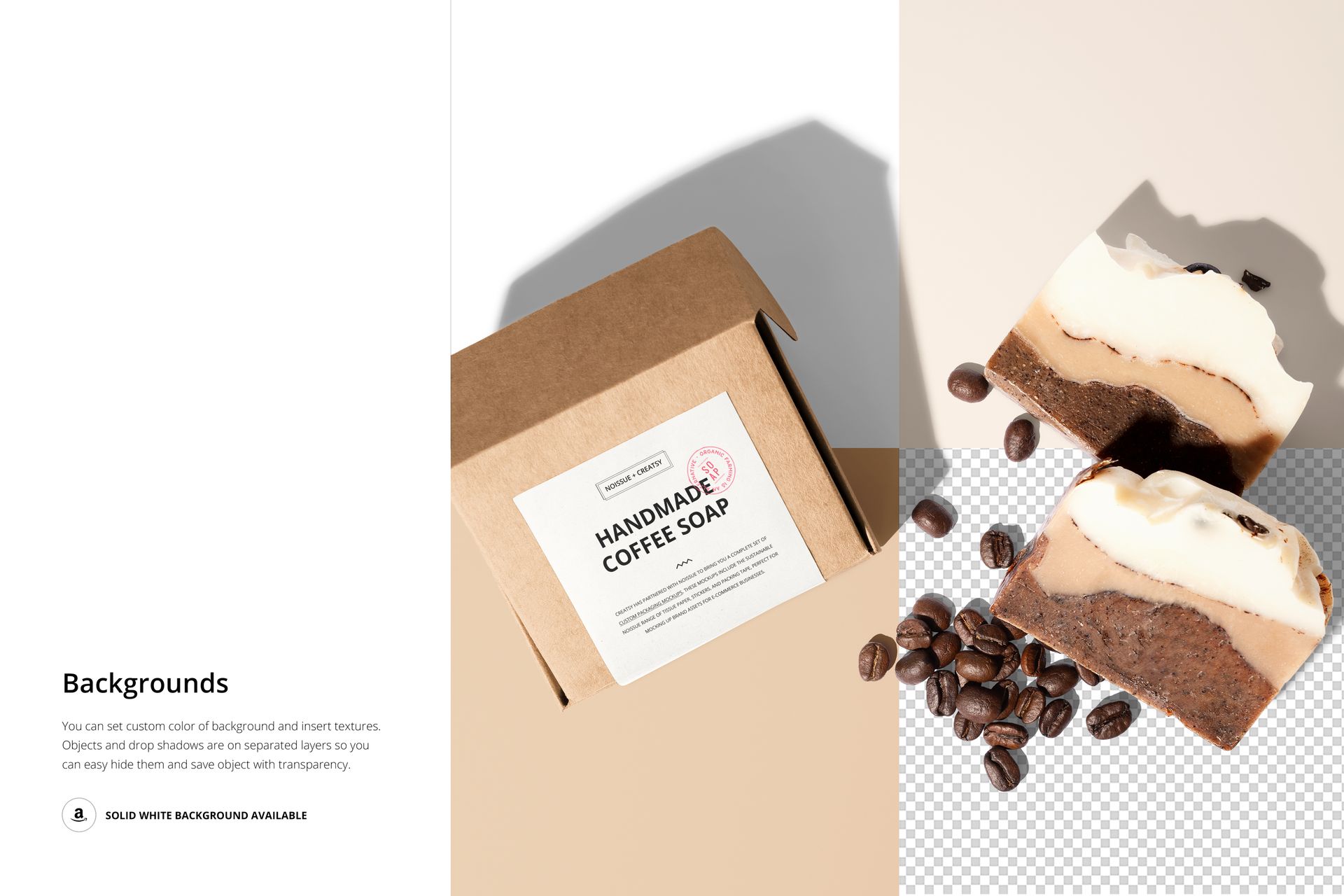 Coffee soap box mockup with a rectangular white label, accompanied by soap slices and coffee beans on a light surface.