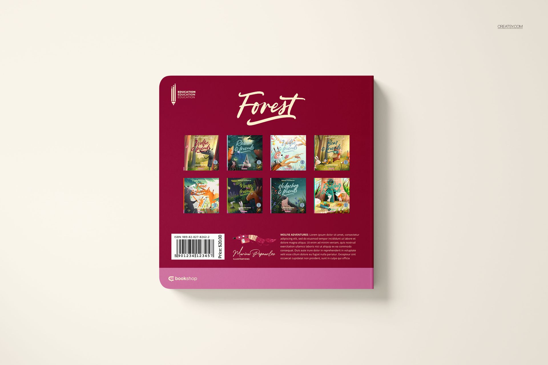 Square cardboard baby book mockup with colorful artwork panels on a red cover, displayed in a top-down view.