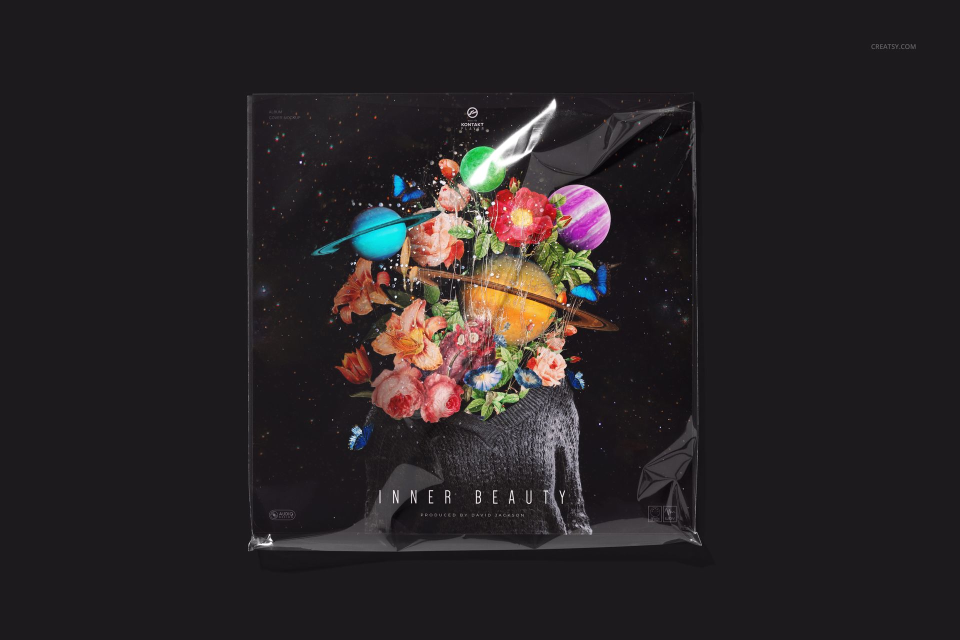Front view of a translucent colored vinyl record mockup in a clear plastic sleeve, featuring a vibrant space and floral design.