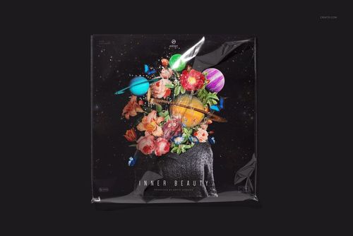 Front view of a translucent colored vinyl record mockup in a clear plastic sleeve, featuring a vibrant space and floral design.