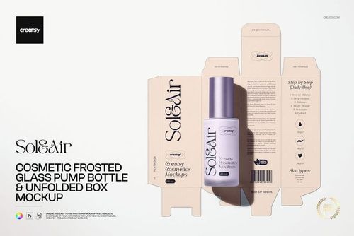 Mockup of a frosted glass skincare pump bottle with a matching unfolded box on a clean, light background.