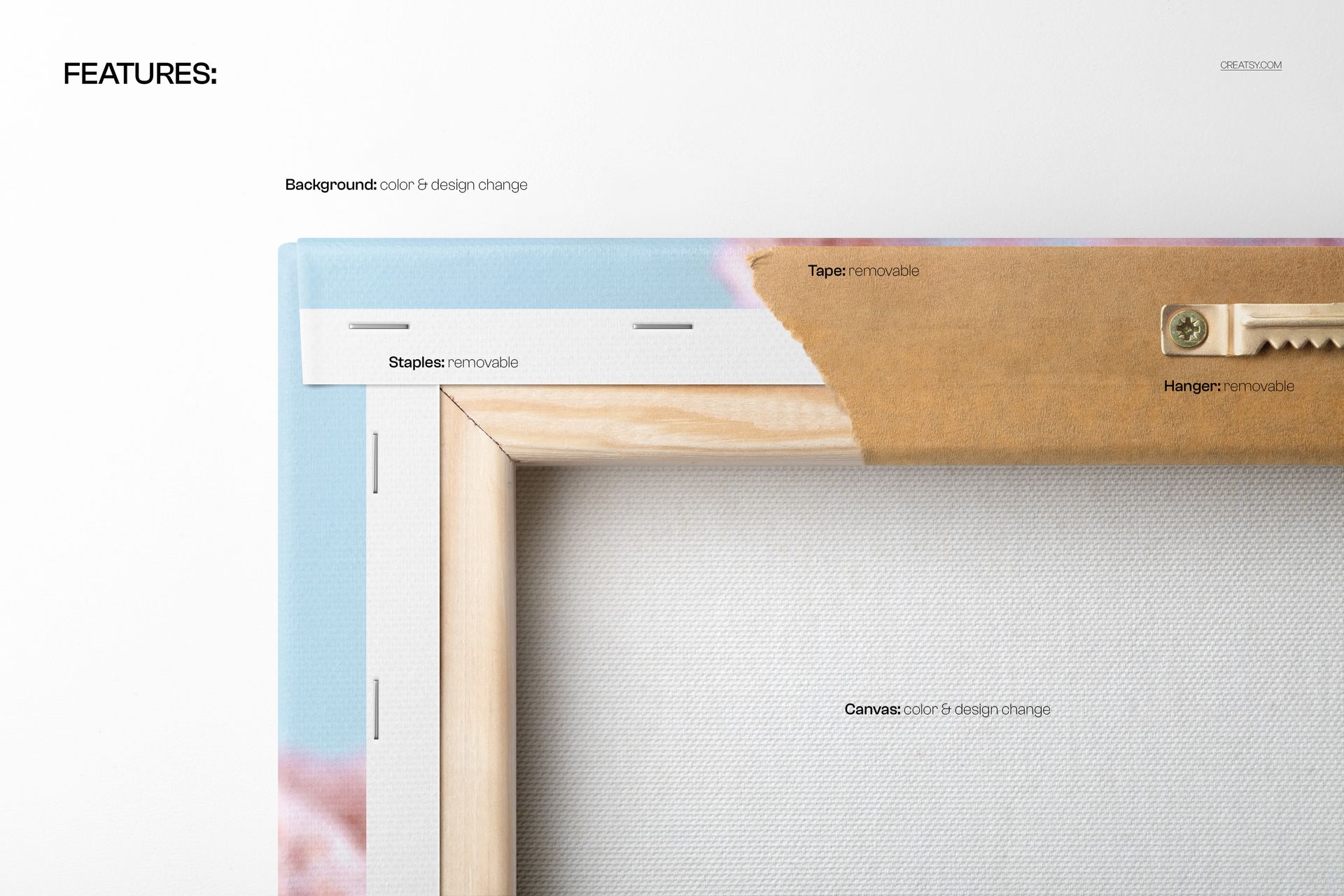 Close-up view of a canvas print mockup showing the wooden frame, staples, and removable hanger on a white background.