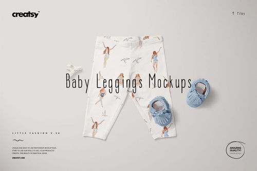 Baby leggings mockup featuring a white base with colorful illustrations, shown with blue shoes and decorative props.
