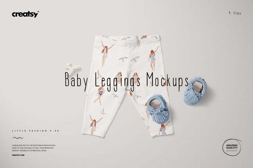 Baby leggings mockup featuring a white base with colorful illustrations, shown with blue shoes and decorative props.