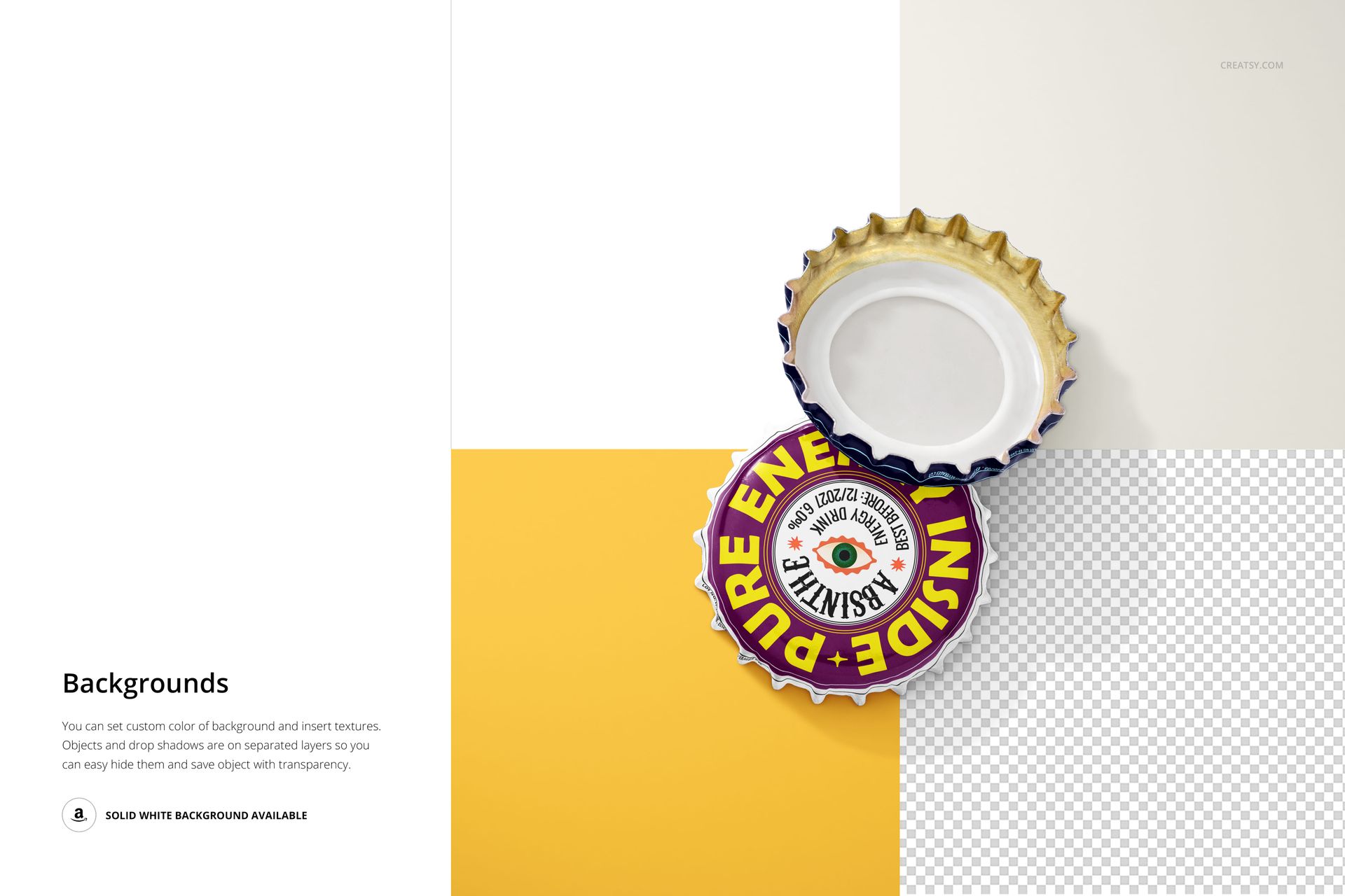 Bottle cap mockup featuring a top view of two caps, one with a printed logo and one showing the underside, on a studio backdrop.