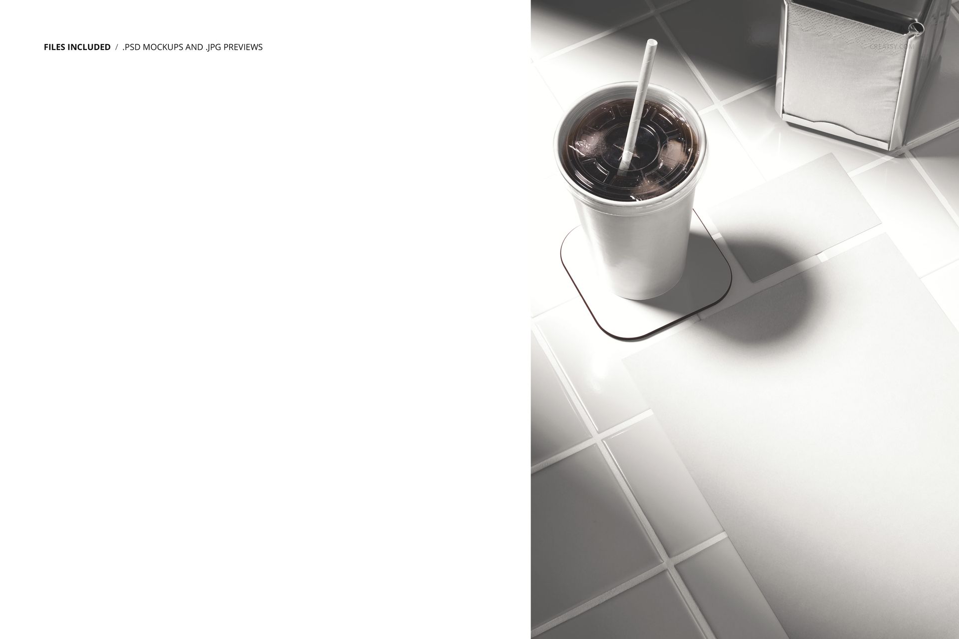 Top view of a paper cup with a straw on a coaster, business card, flyer, and napkins on a tiled surface in a mockup scene.