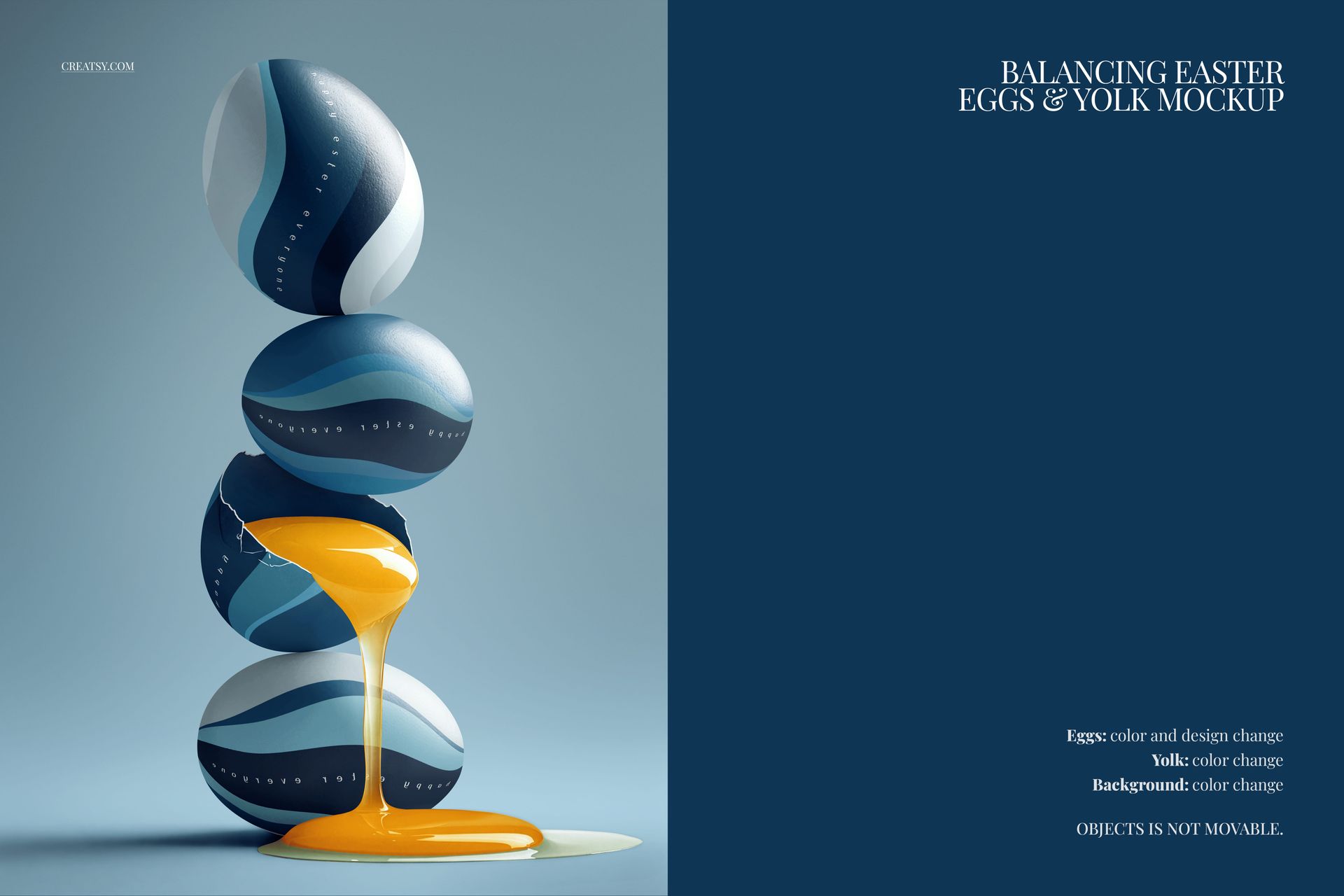 Stacked blue patterned Easter eggs with yolk pouring out, shown in a front view PSD mockup on a blue background.