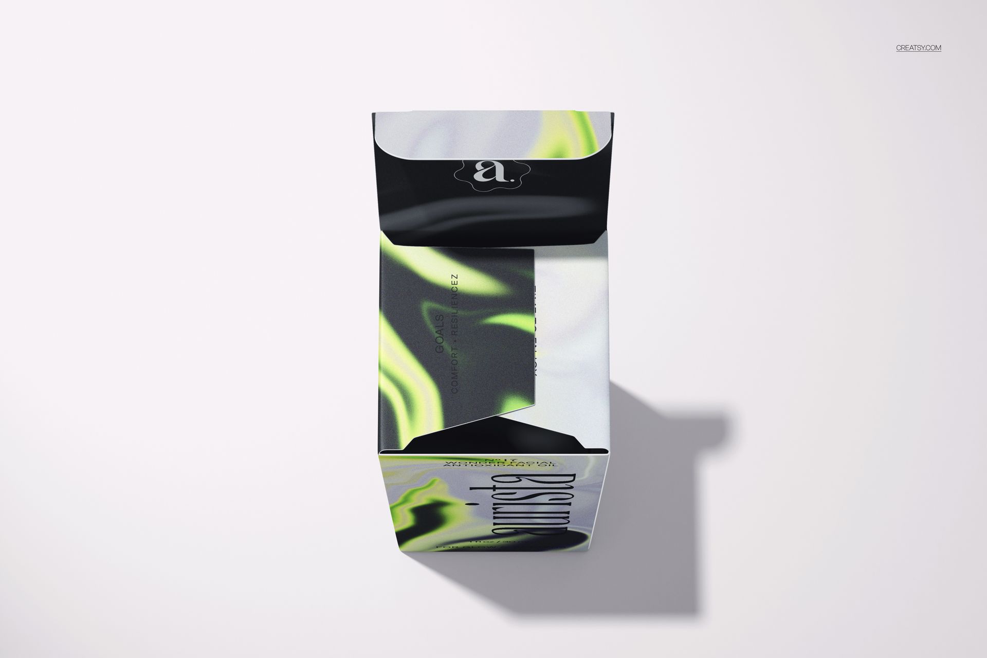 Rectangular cosmetic box mockup with swirling black and neon green design, shown from above with lid open.