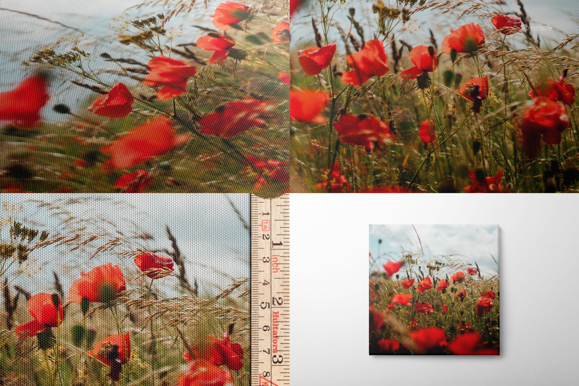 Detailed canvas print mockup with red poppies and tall grass, including texture closeups and a measurement ruler.