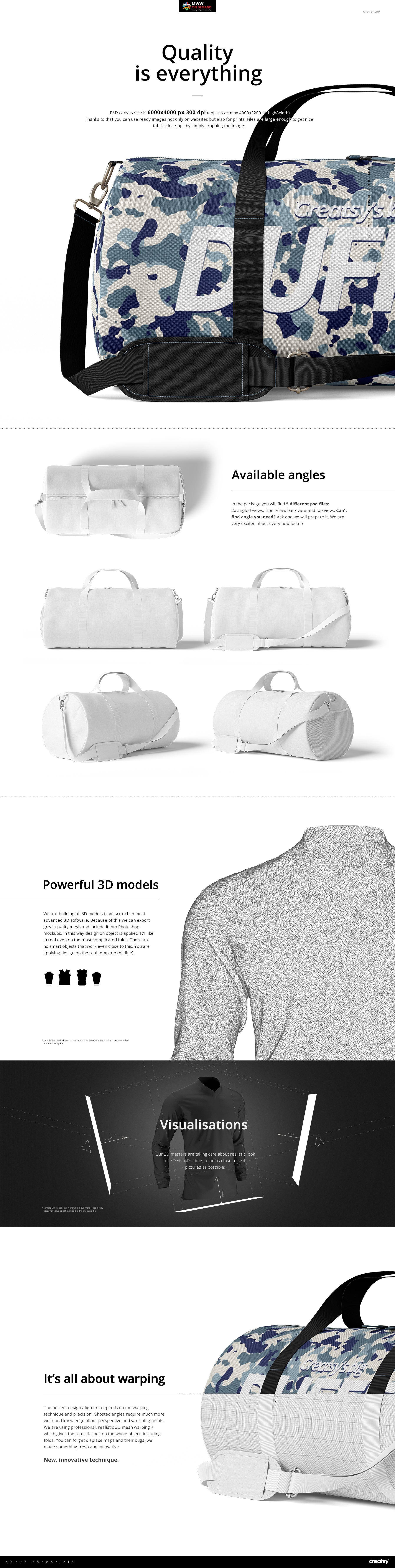 Mockup of a 23x12 inch duffel bag featuring a blue and white design, displayed with mesh side pocket and strap.