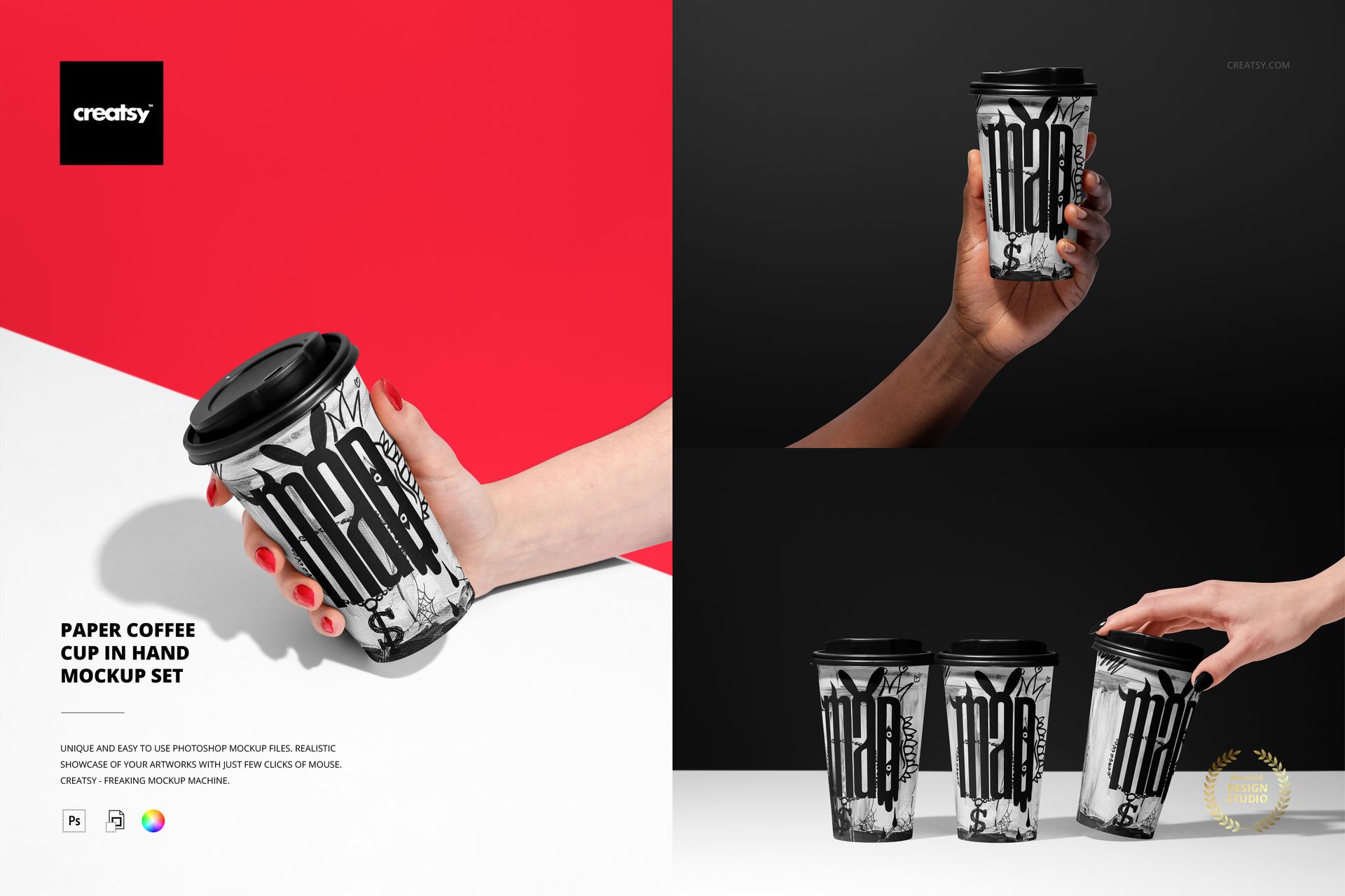 Four paper coffee cups with black lids and bold black and white patterns, displayed on a dark background in a PSD mockup.