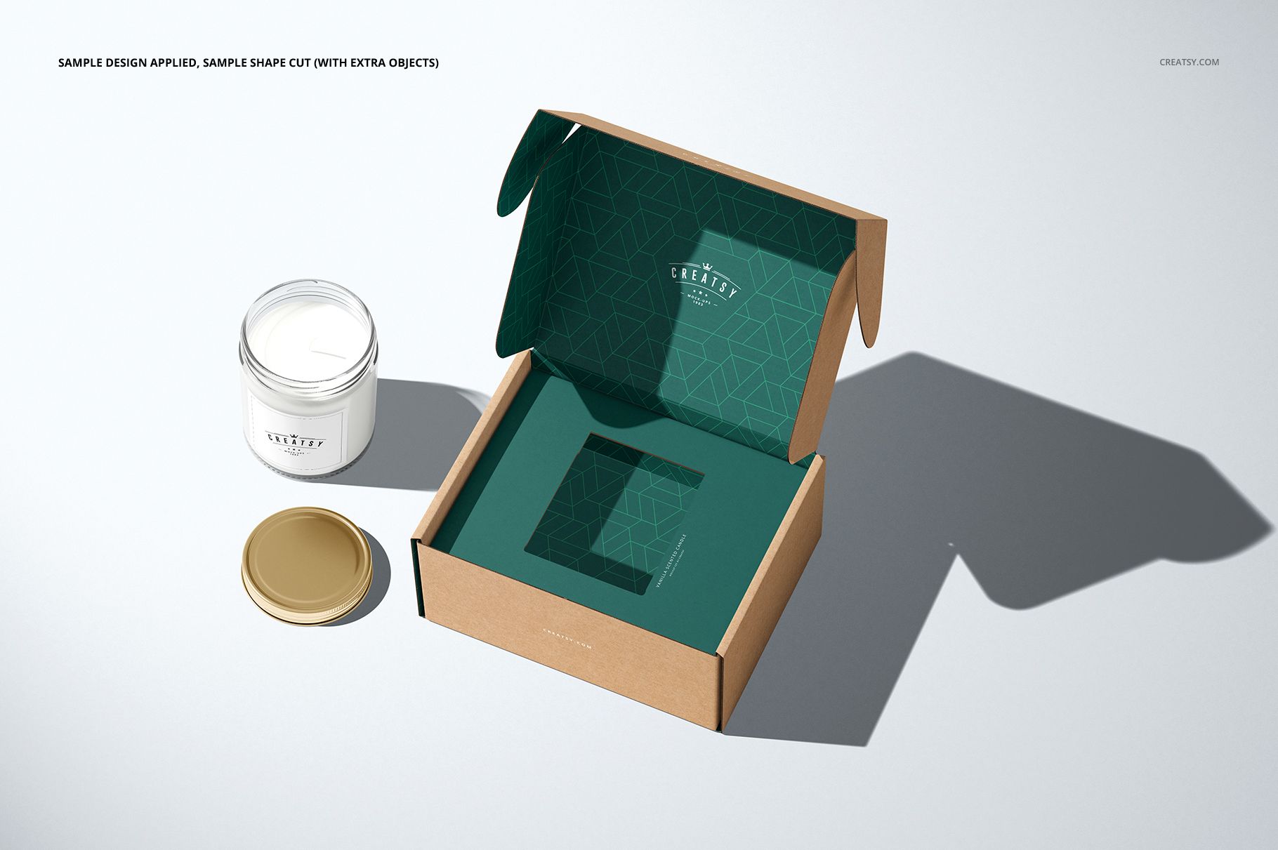 Insert tray generator mailing box mockup set featuring an open box with geometric pattern and two packaging props.