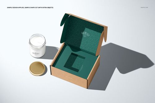 Insert tray generator mailing box mockup set featuring an open box with geometric pattern and two packaging props.