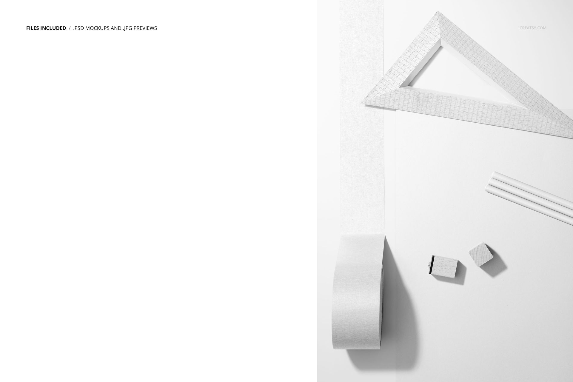 Stationery mockup featuring a blank poster, masking tape, triangular ruler, eraser, and pencils on a white background.